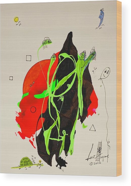  Wood Print featuring the mixed media Green Faces on Black and Red 11149 by Lew Hagood