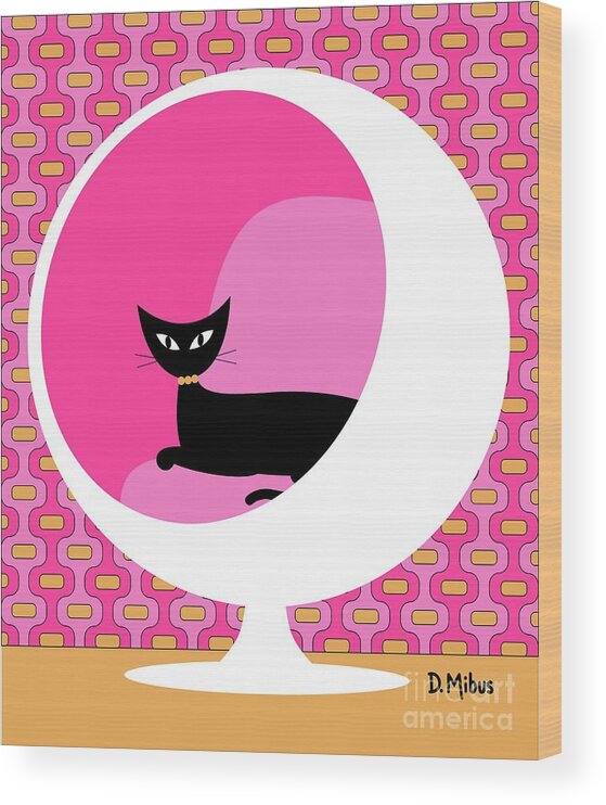 Mid Century Cat Wood Print featuring the digital art Groovy Ball Chair Pink and Melon Pods by Donna Mibus