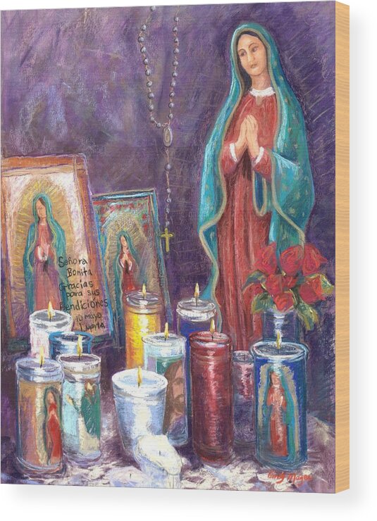 Guadalupe Wood Print featuring the pastel Guadalupe y Las Velas candles by Candy Mayer