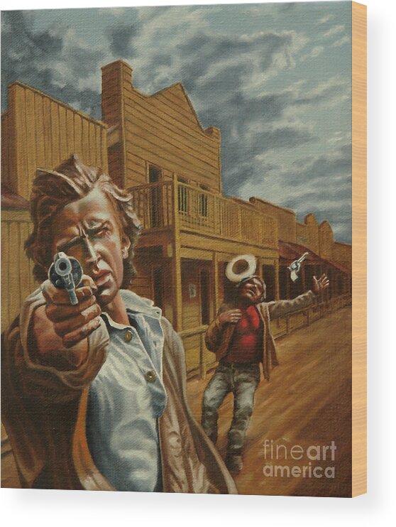 Western Wood Print featuring the painting Gunfight by Ken Kvamme
