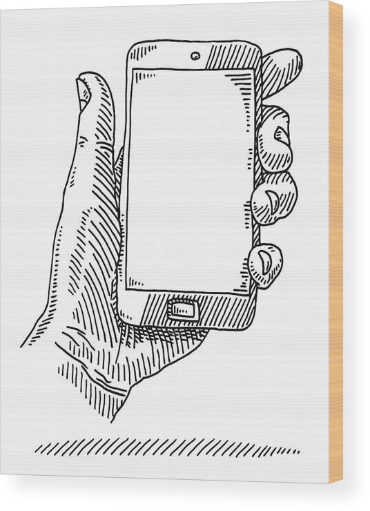 Shadow Wood Print featuring the drawing Hand Holding Smart Phone Empty Screen Drawing by FrankRamspott