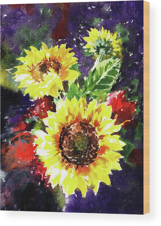 Sunflowers Wood Print featuring the painting Happy Splash Of Watercolor Sunflowers by Irina Sztukowski