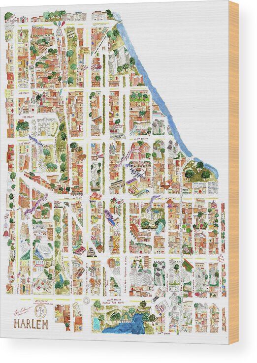 Harlem Wood Print featuring the painting Harlem Map from 106-155th Streets by Afinelyne