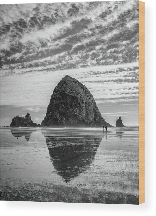 3scape Wood Print featuring the photograph Haystack Rock Black and White by Adam Romanowicz