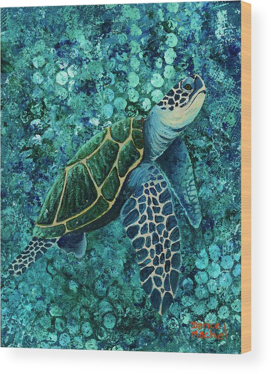 Animal Wood Print featuring the painting Honu In The Deep Blue Sea by Darice Machel McGuire