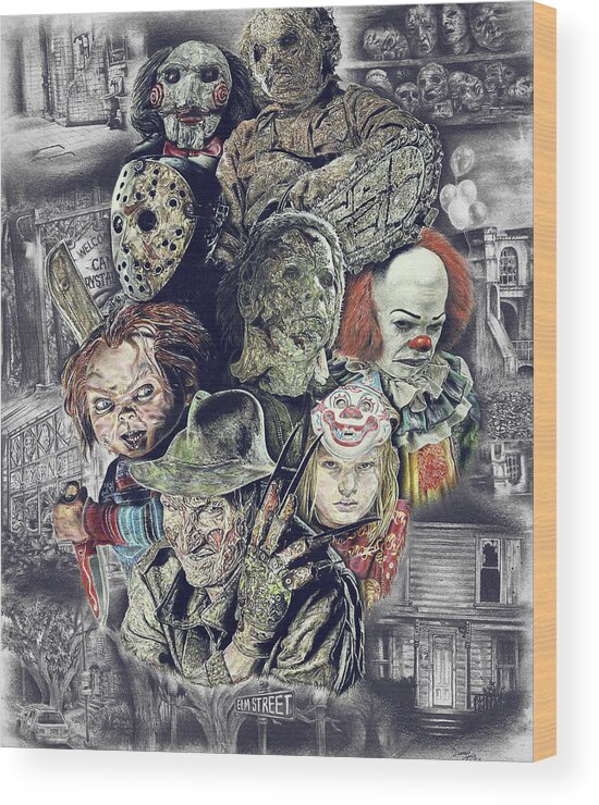Fear Wood Print featuring the drawing Horror Movie Murderers by Daniel Ayala