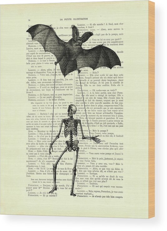 Skeleton Wood Print featuring the mixed media Human skeleton with giant bat art by Madame Memento