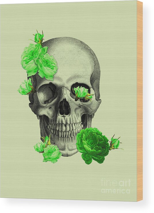 Skull Wood Print featuring the mixed media Human skull and green roses by Madame Memento