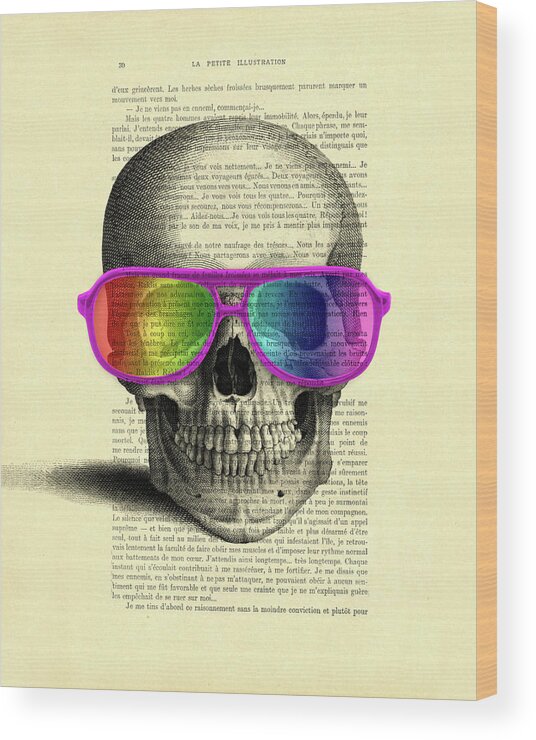 Skull Wood Print featuring the mixed media Human skull with rainbow glasses by Madame Memento
