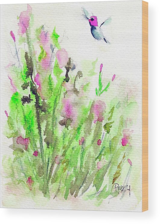 Hummingbird Wood Print featuring the painting Hummingbird in the Red Salvia by Roxy Rich