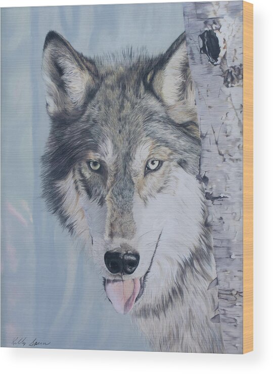 Wolf Wood Print featuring the drawing I See You by Kelly Speros