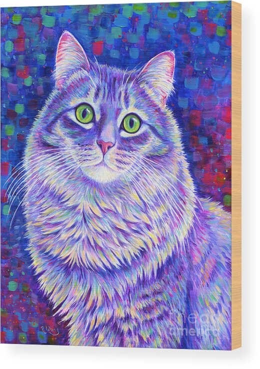 Gray Tabby Wood Print featuring the painting Iridescence - Colorful Gray Tabby Cat by Rebecca Wang