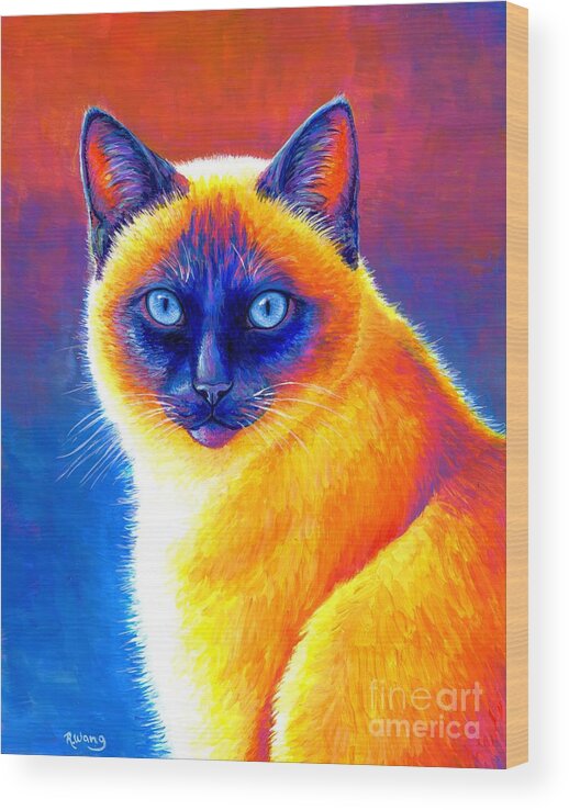 Siamese Cat Wood Print featuring the painting Jewel of the Orient - Colorful Siamese Cat by Rebecca Wang