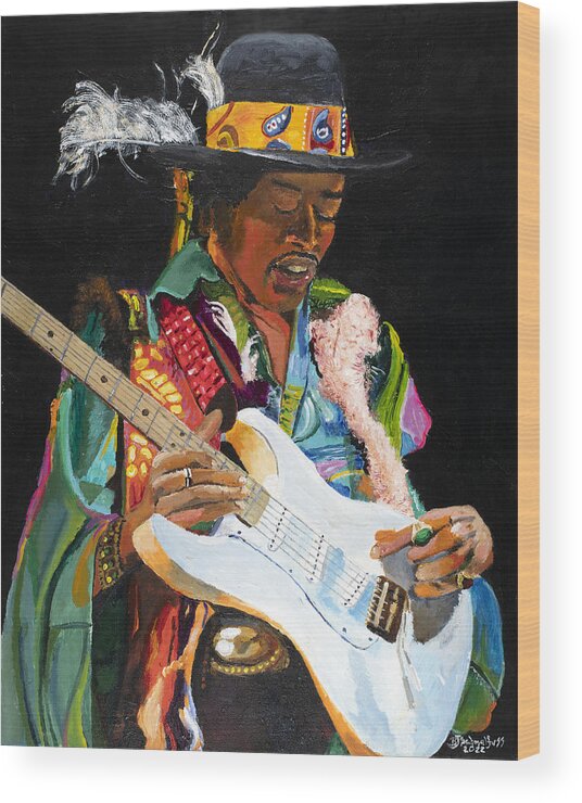 Hendrix Wood Print featuring the painting Jimi Hendrix by Bruce Schmalfuss