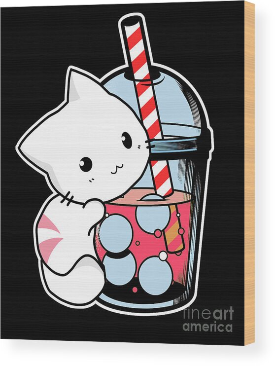 Kawaii Boba Cute Anime Cat Drinking Tea Kawaii Wood Print by Alessandra  Roth - Pixels