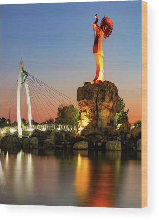 Wichita Kansas Wood Print featuring the photograph Keeper Of The Plains At Dusk In Wichita Kansas by Gregory Ballos