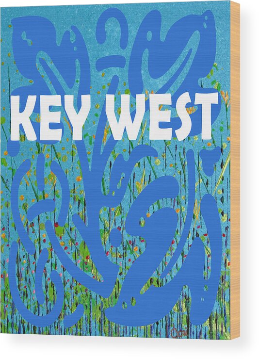 Key West Wood Print featuring the painting Key West Wildflower Abstract 308 in Blue by Corinne Carroll
