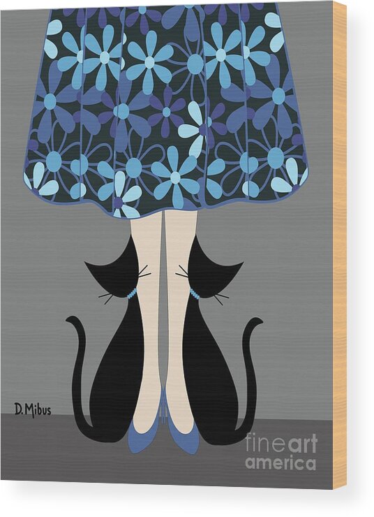 Mid Century Cat Wood Print featuring the digital art Kitty Love in Blue by Donna Mibus