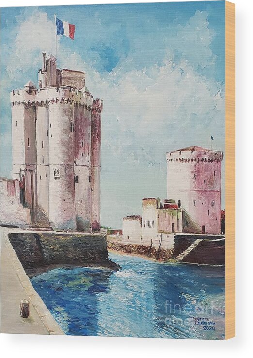 Landscape Wood Print featuring the painting La Rochelle Towers by Merana Cadorette