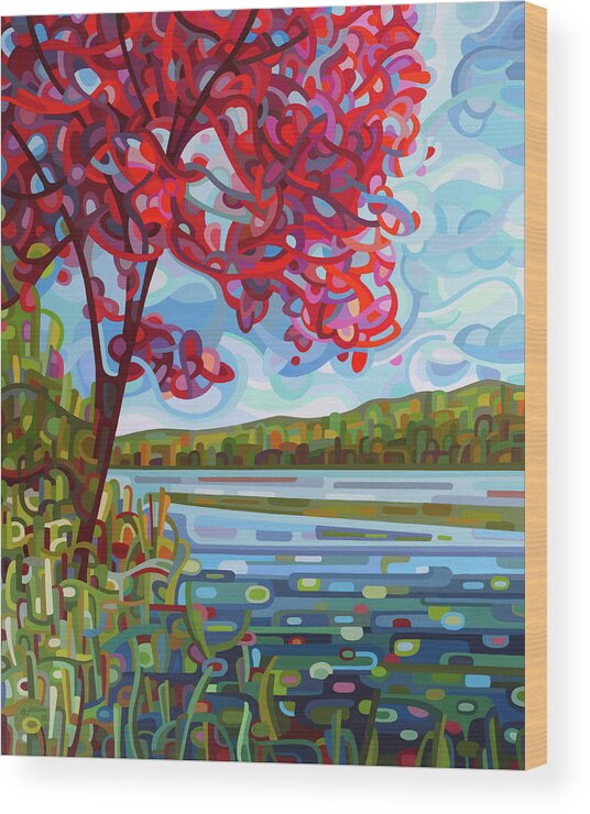 Fall. Red Maple Wood Print featuring the painting Lady in Red by Mandy Budan