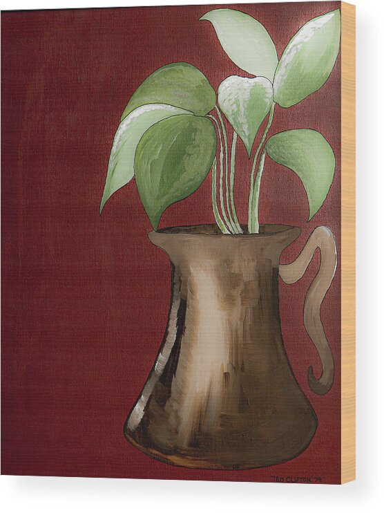 Still Life Wood Print featuring the painting Leaves in gold pot by Ted Clifton