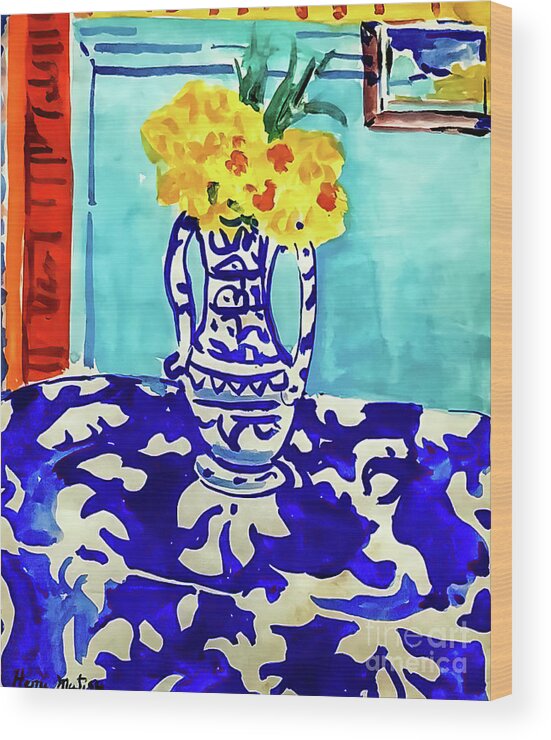 Les Coucous Tapis Bleu Et Rose Wood Print featuring the painting Les Coucous Tapis Bleu et Rose by Henri Matisse 1954 by Henri Matisse