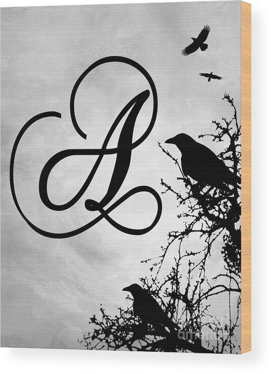 Letter A Wood Print featuring the mixed media Letter A Design 43 Crow Birds by Lucie Dumas