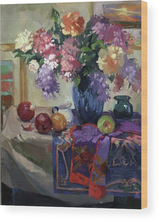 Floral Paintings Wood Print featuring the painting Lilacs and Peonies by Betty Jean Billups