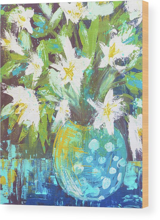 Lilies Wood Print featuring the painting Lilies in Teal Polka Dots by Joanne Herrmann