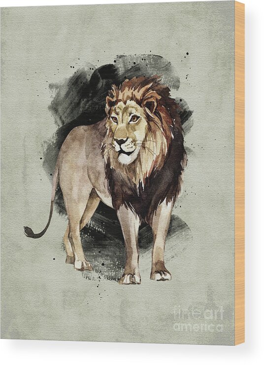 Lion Wood Print featuring the painting Lion Watercolor Animal Art Painting by Garden Of Delights