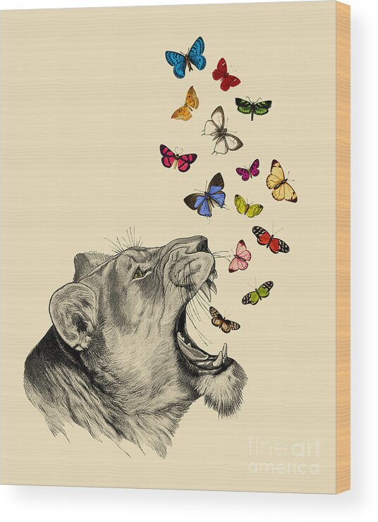 Lion Wood Print featuring the digital art Lioness with butterflies by Madame Memento