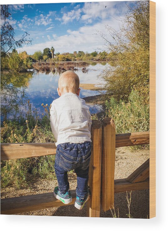 Boy Wood Print featuring the photograph Little Climber - Boy Climbing Wooden Fence by Bonny Puckett