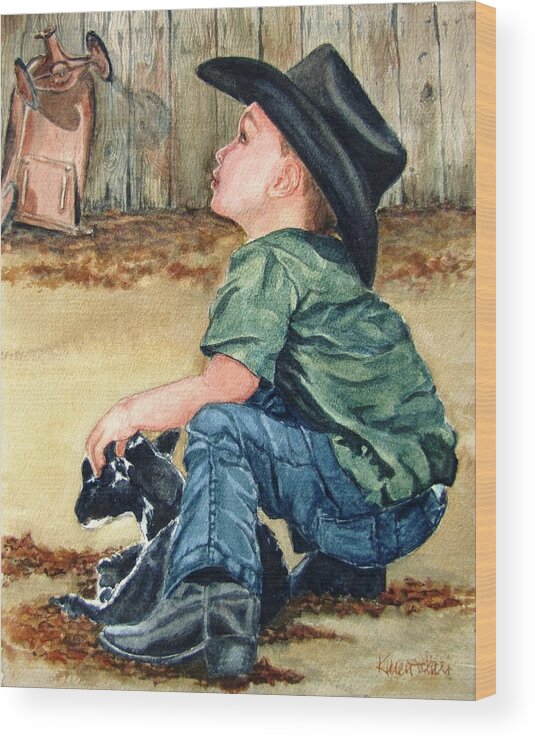 Children Wood Print featuring the painting Little Ranchhand by Karen Ilari
