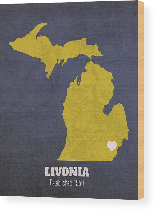 Livonia Wood Print featuring the mixed media Livonia Michigan City Map Founded 1950 University of Michigan Color Palette by Design Turnpike
