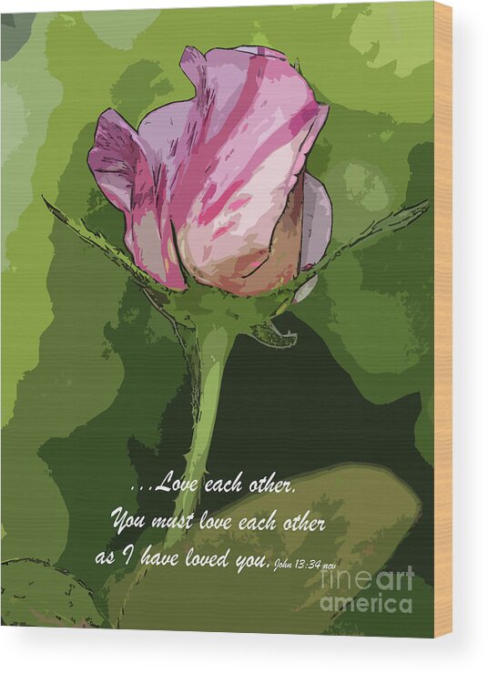 Botanical Wood Print featuring the digital art Love Each Other One Candy Cane Rose Bud by Kirt Tisdale