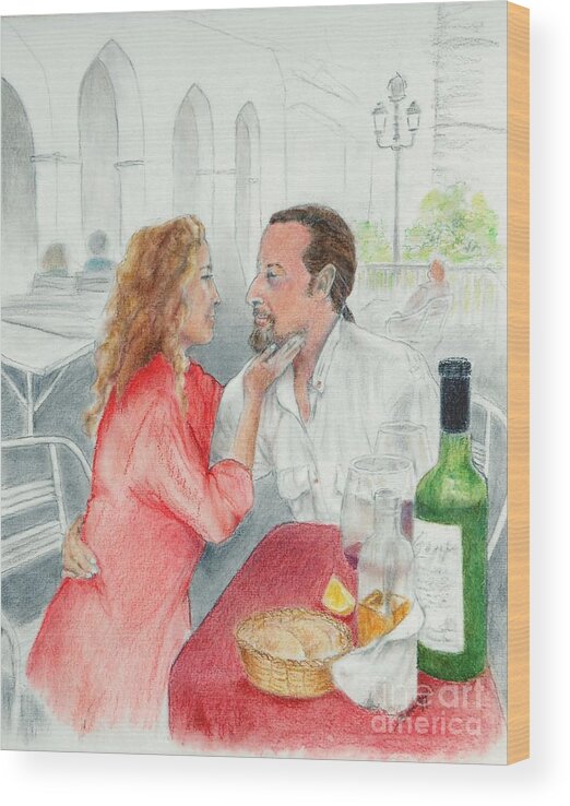 Romantic Couple Wood Print featuring the drawing Lovers' Gaze by Jayne Somogy