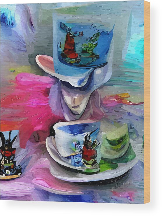 Mad Hatters Tea Party Wood Print featuring the mixed media Mad Hatters Tea Party by Ann Leech