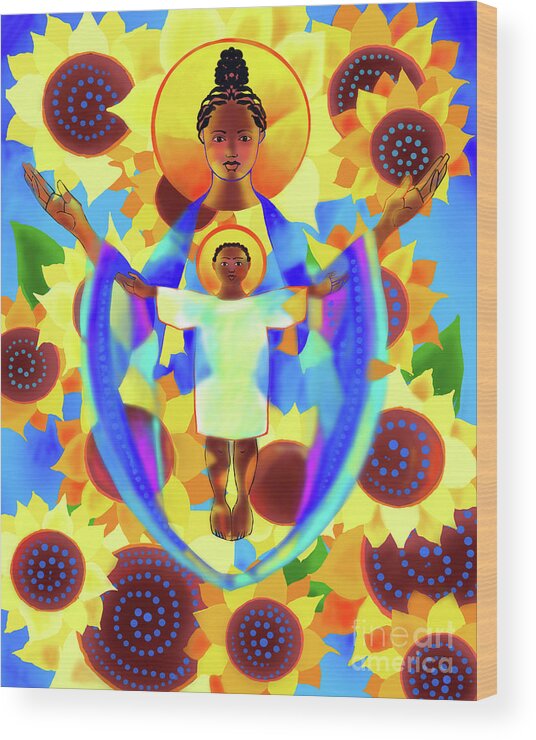Madonna And Child Of Good Health With Sunflowers Wood Print featuring the painting Madonna and Child of Good Health with Sunflowers - MMGHS by Br Mickey McGrath OSFS