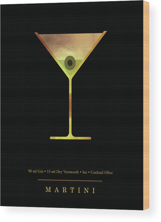 Martini Wood Print featuring the digital art Martini Cocktail - Classic Cocktail Print - Black and Gold - Modern, Minimal Lounge Art by Studio Grafiikka