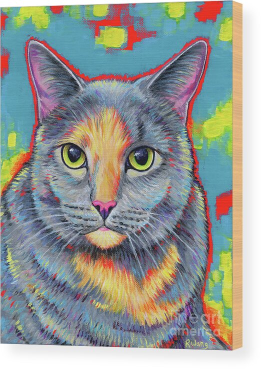 Cat Wood Print featuring the painting Miah the Dilute Tortoiseshell Cat by Rebecca Wang