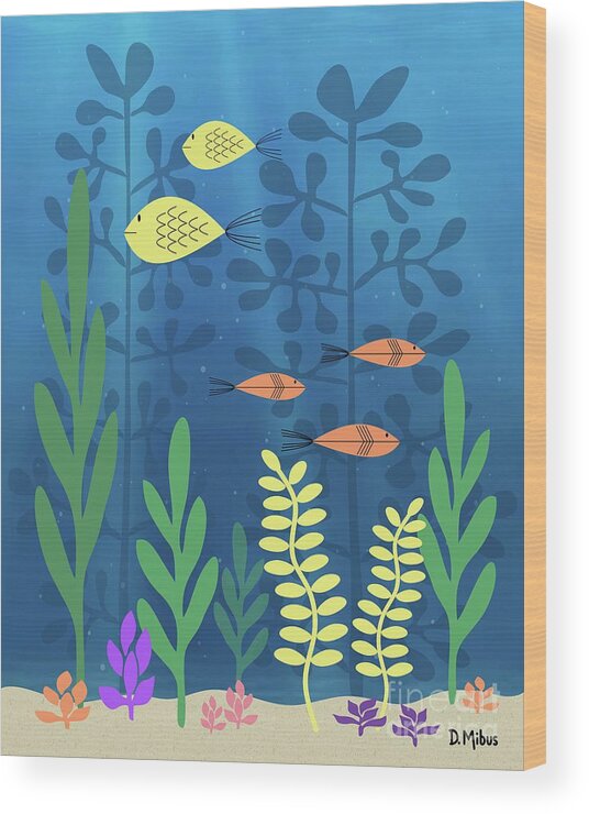Mid Century Fish Wood Print featuring the digital art Mid Century Aquarium Blue by Donna Mibus