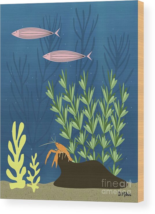 Mid Century Wood Print featuring the digital art Mid Century Aquarium with Lobster by Donna Mibus