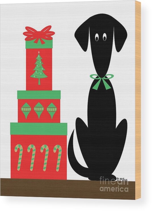 Mid Century Modern Wood Print featuring the digital art Mid Century Holiday Dog with Presents by Donna Mibus