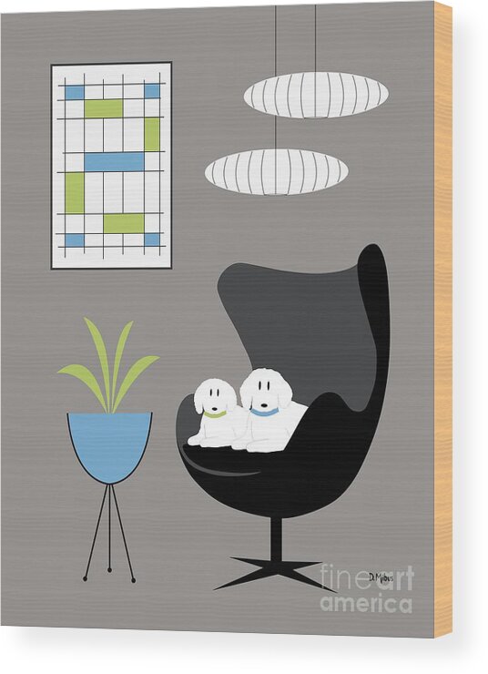 Mid Century Modern Wood Print featuring the digital art Mid Century White Dogs in Black Egg Chair by Donna Mibus
