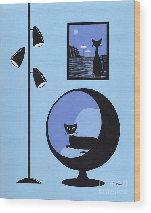 Mid Century Modern Black Cat Wood Print featuring the mixed media Mini Space Cat Black Ball Chair by Donna Mibus
