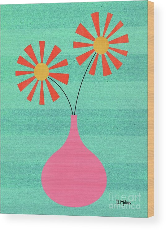 Mid Century Modern Wood Print featuring the mixed media Mixed Media Watercolor Vase in Pink by Donna Mibus