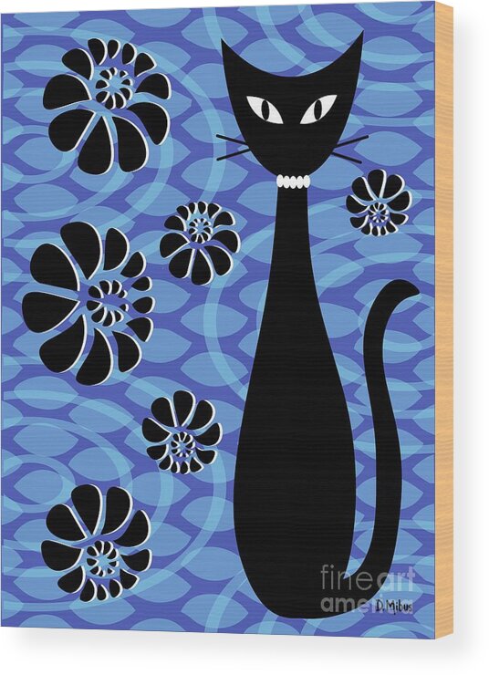 Abstract Cat Wood Print featuring the digital art Mod Cat Blue 2 by Donna Mibus