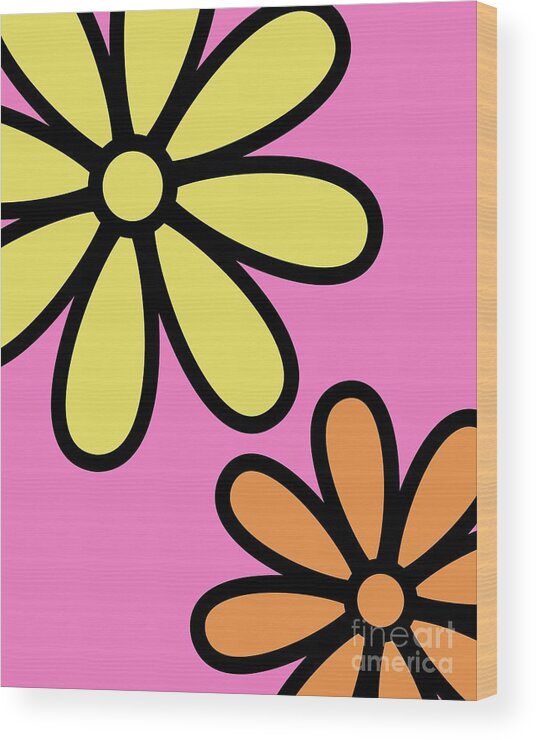 Mod Wood Print featuring the digital art Mod Flowers 3 on Pink by Donna Mibus