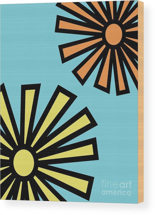 Mod Wood Print featuring the digital art Mod Flowers 4 on Blue by Donna Mibus