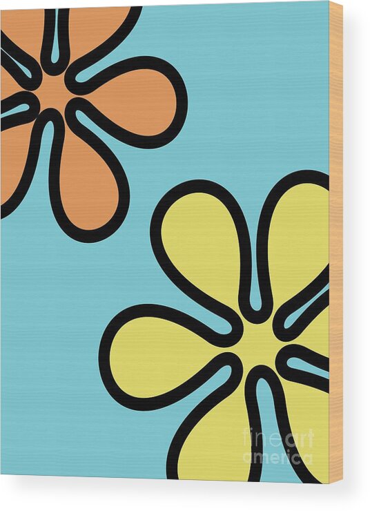 Mod Wood Print featuring the digital art Mod Flowers on Blue by Donna Mibus